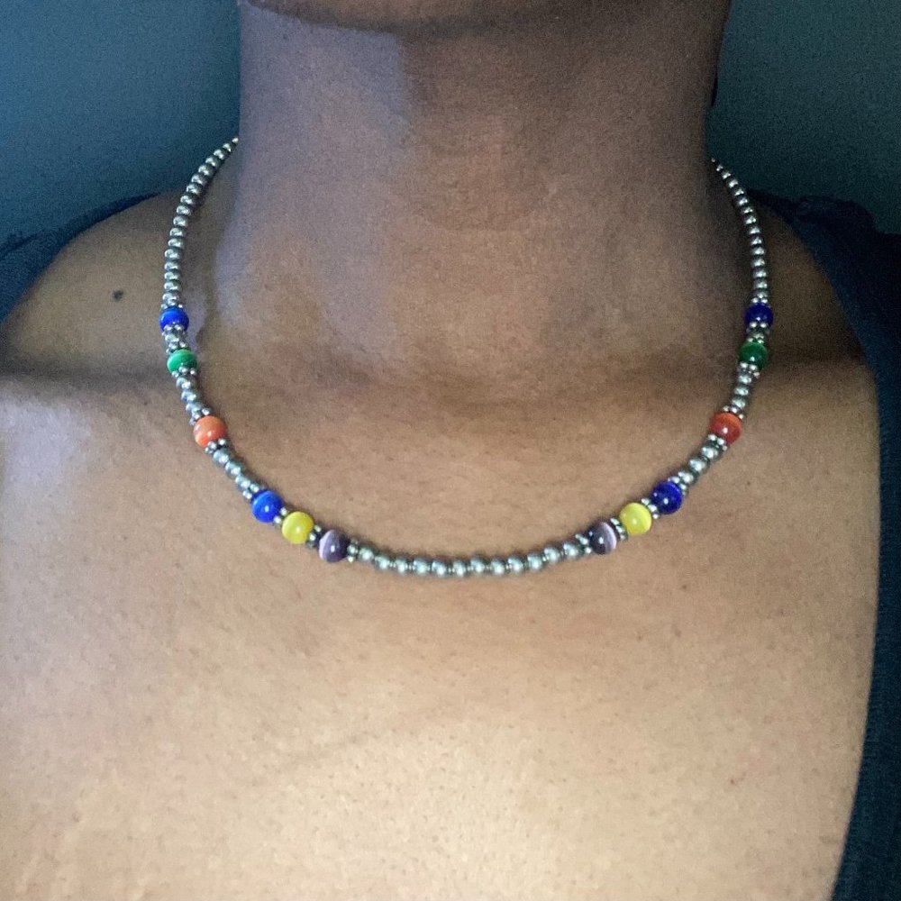 Vintage silver and multicolor gem beaded choker necklace